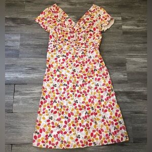 Boden Women 4R‎ Regatta Dress Olive Branch Print Lined Pleated Cotton V-Neck